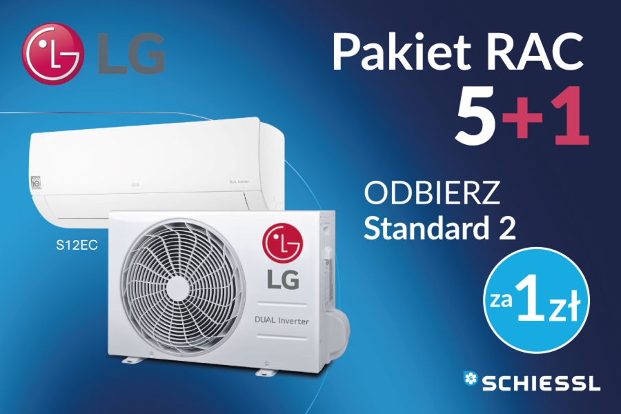 Grafika ze zdjęciem klimatyzatora LG i informacją Pakiet RAC 5+1 odbierz Standard 2 za 1 zł